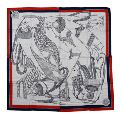 Hermes Cashmere Silk Zouaves Et Dragons Shawl 140 Gris Chine Marine 1 of 6