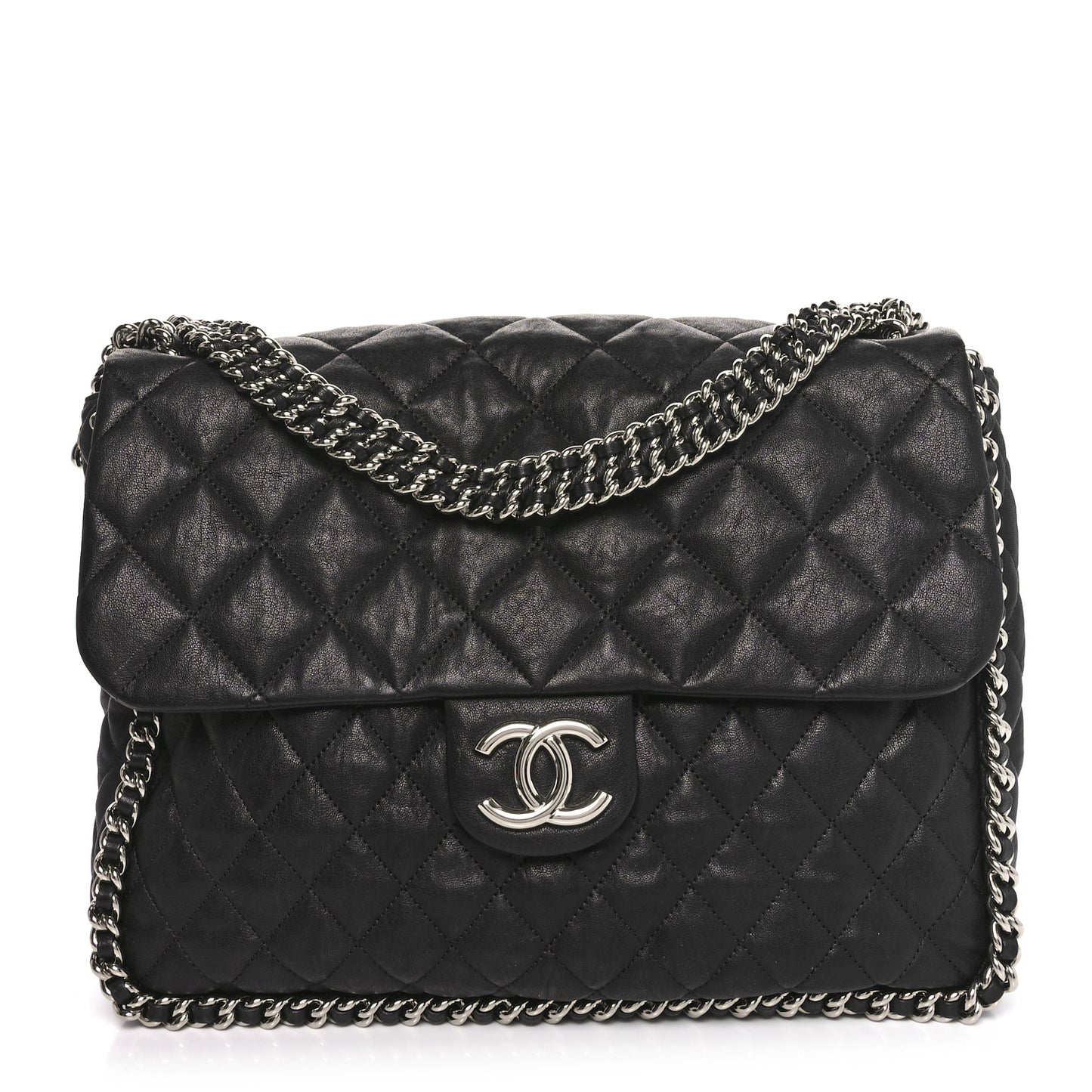 Washed Lambskin Quilted Maxi Chain Around Flap Black