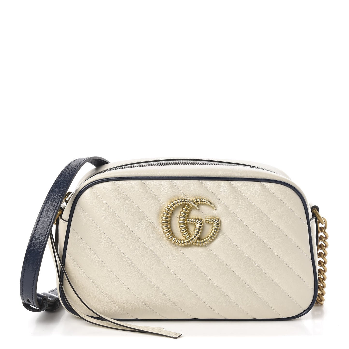 Vintage Effect Calfskin Matelasse Diagonal Small Torchon GG Marmont Chain Shoulder Bag Mystic White Blue Agata