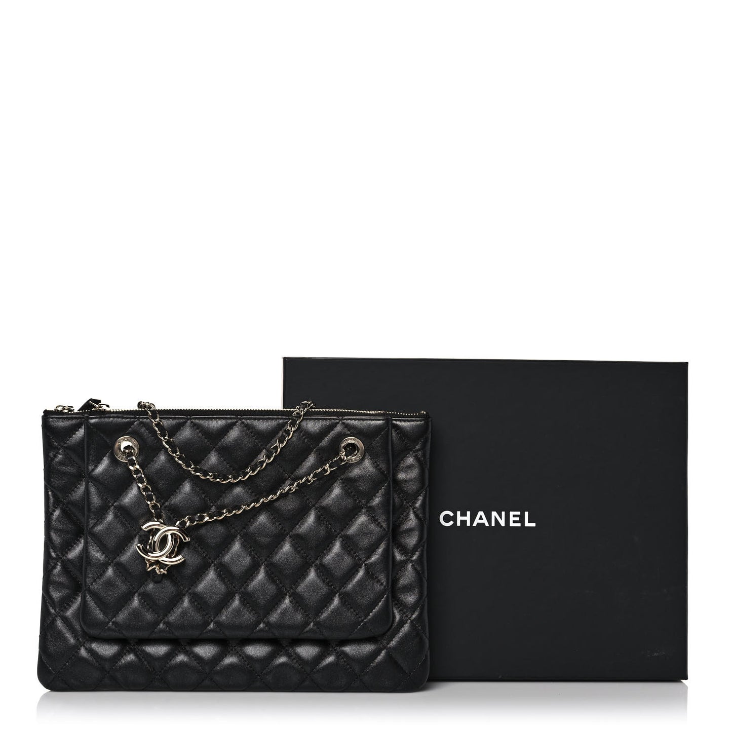 Shiny Lambskin Quilted Medium Double Case With Strap Black