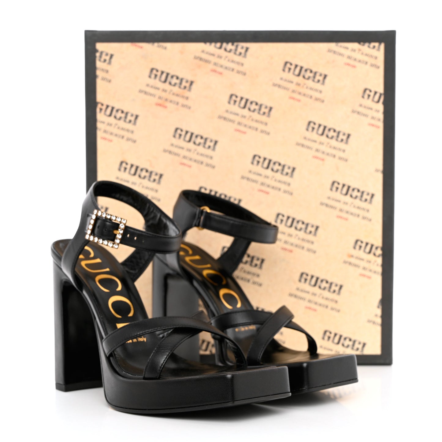 Nappa Crystal Buckle Platform Sandals 36 Black Gold