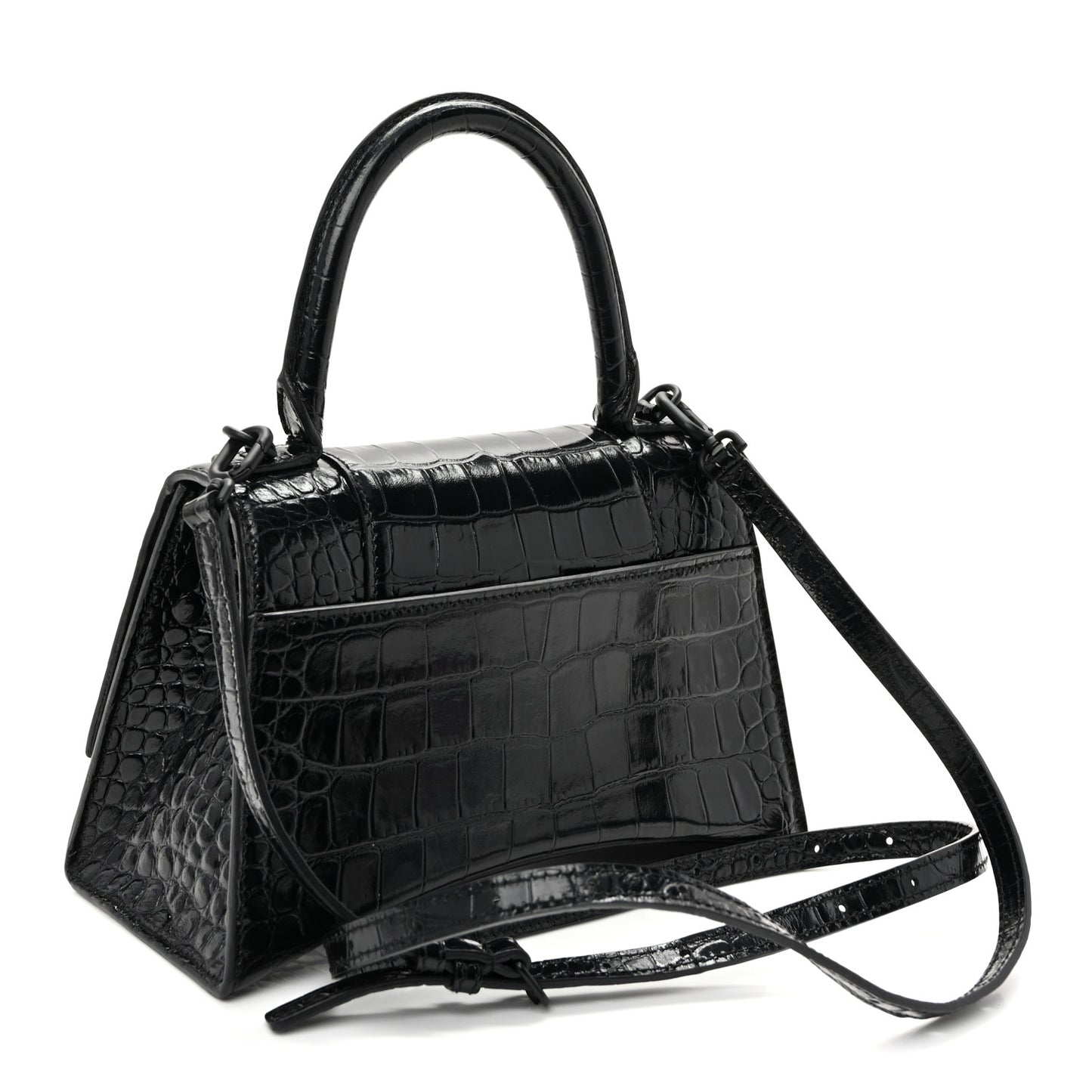 Shiny Calfskin Monochrome Crocodile Embossed Small Hourglass Top Handle Bag Black