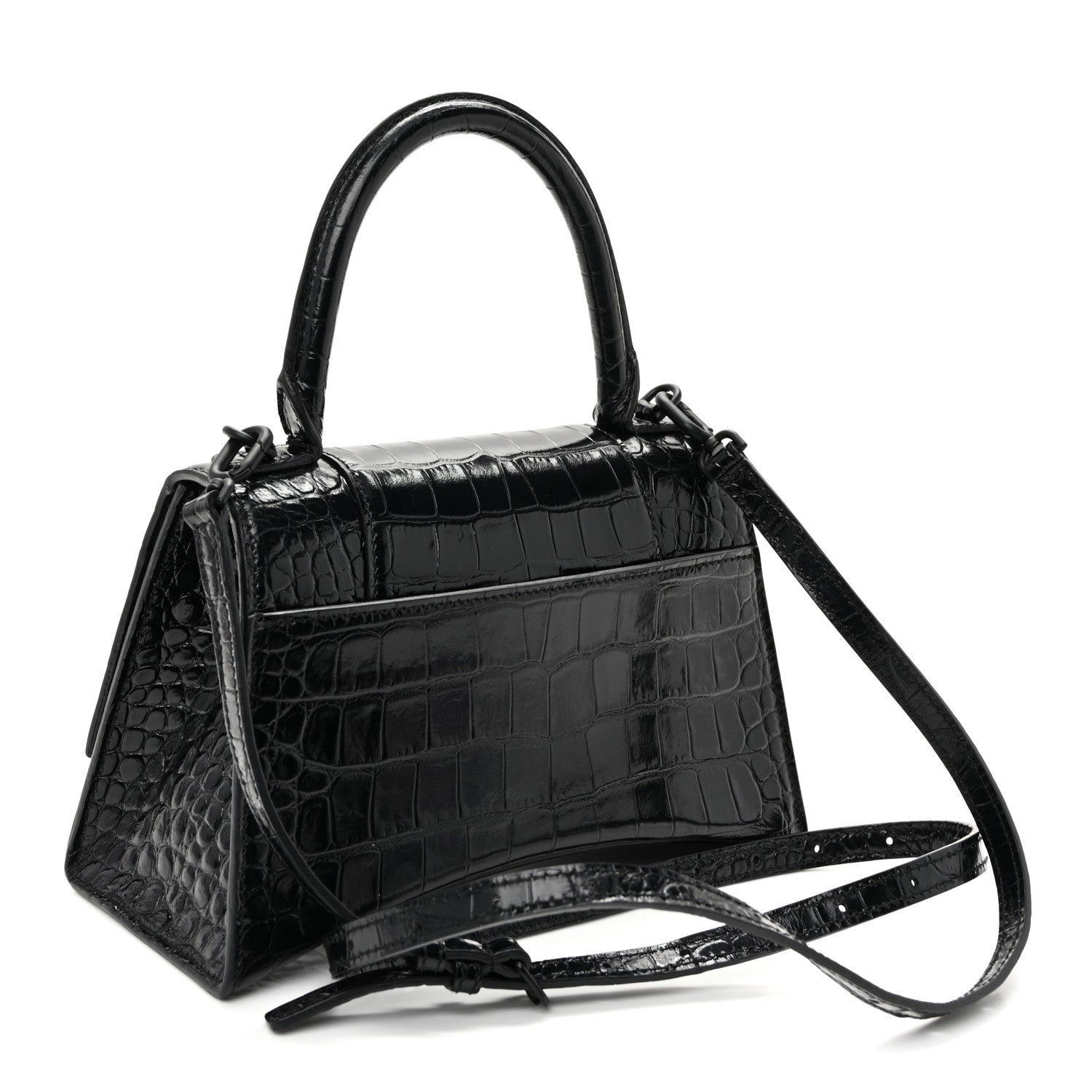 Balenciaga Shiny Calfskin Monochrome Crocodile Embossed Small Hourglass Top Handle Bag Black 3 of 10