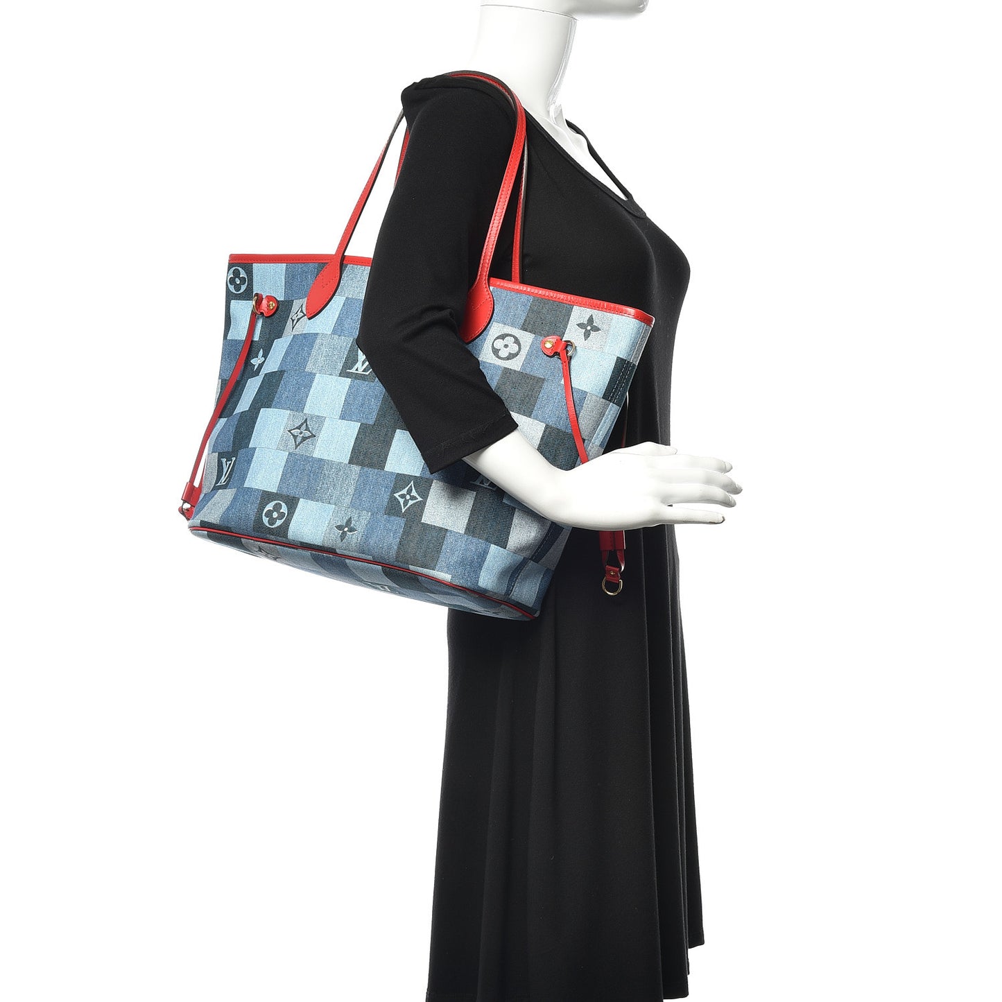 Denim Damier Monogram Patchwork Neverfull Blue Rouge