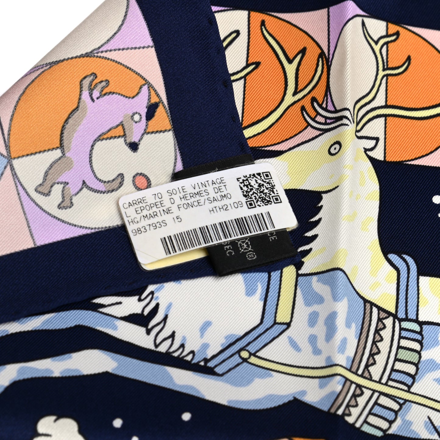 Silk L'Epopee D' Hermes Detail Scarf 70 Marine Fonce Saumon