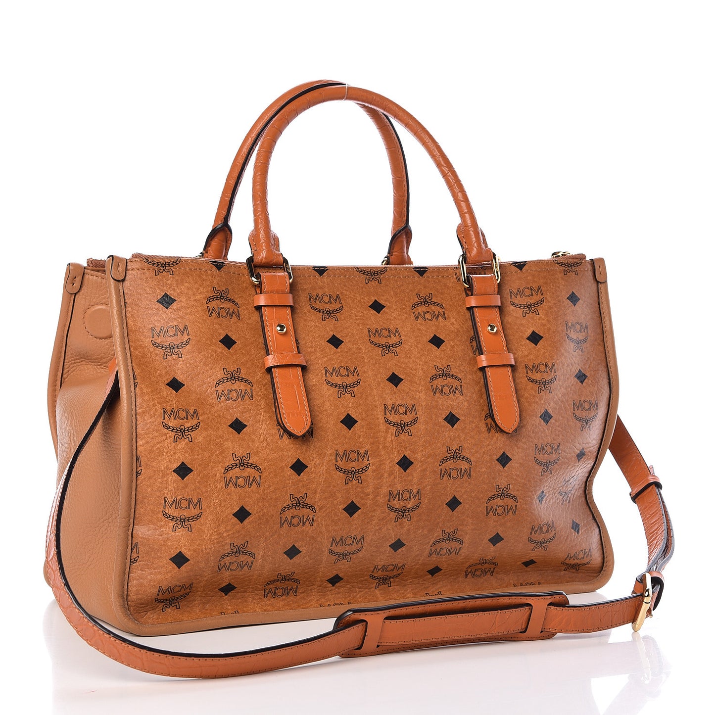 Visetos Calfskin Crocodile Embossed Double Zip Tote Cognac