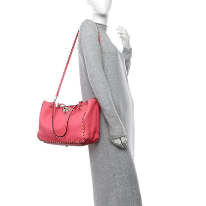 Valentino Garavani Pebbled Calfskin Medium Rockstud Tote Fuxia Fluo 2 of 12