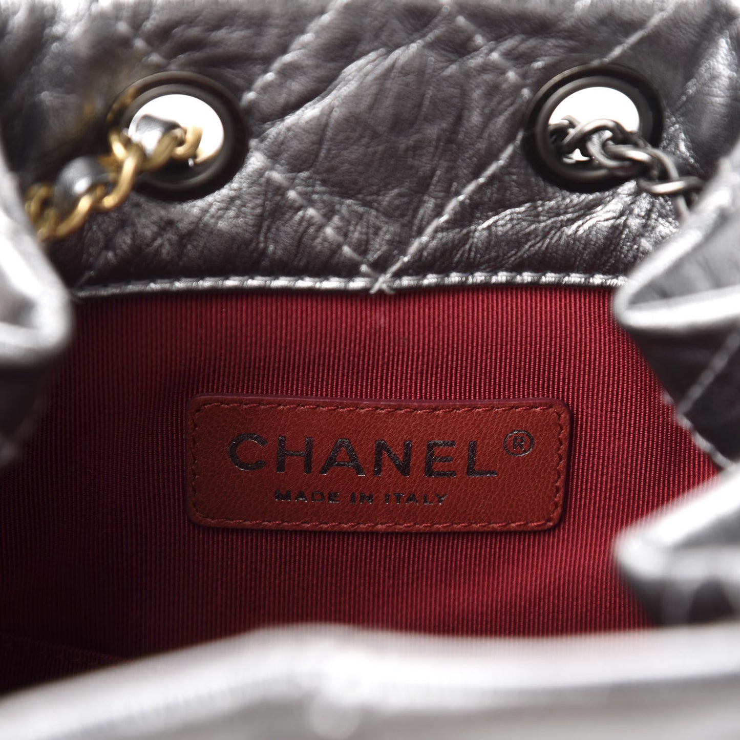Metallic Crumpled Calfskin Quilted Small Gabrielle Backpack Silver