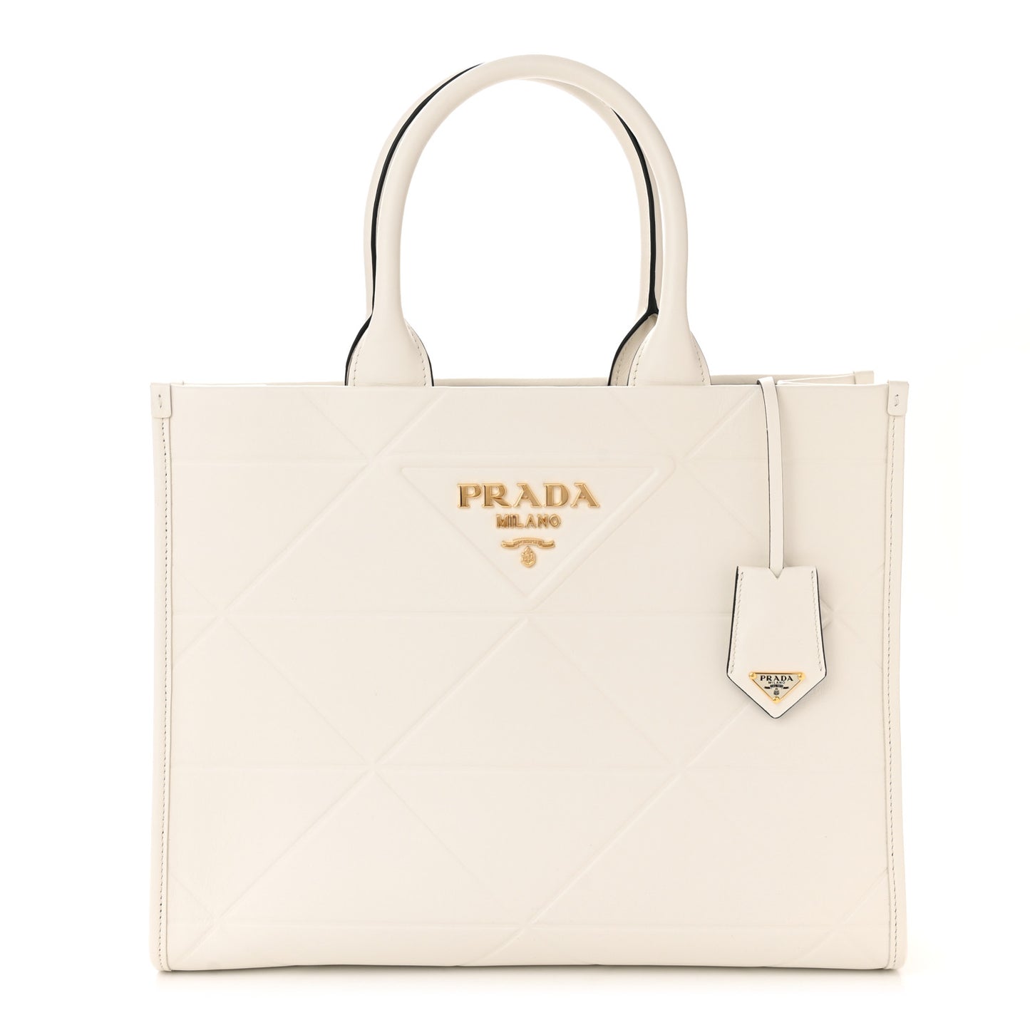Soft Calfskin Triangolo Symbole Embossed Medium Tote White