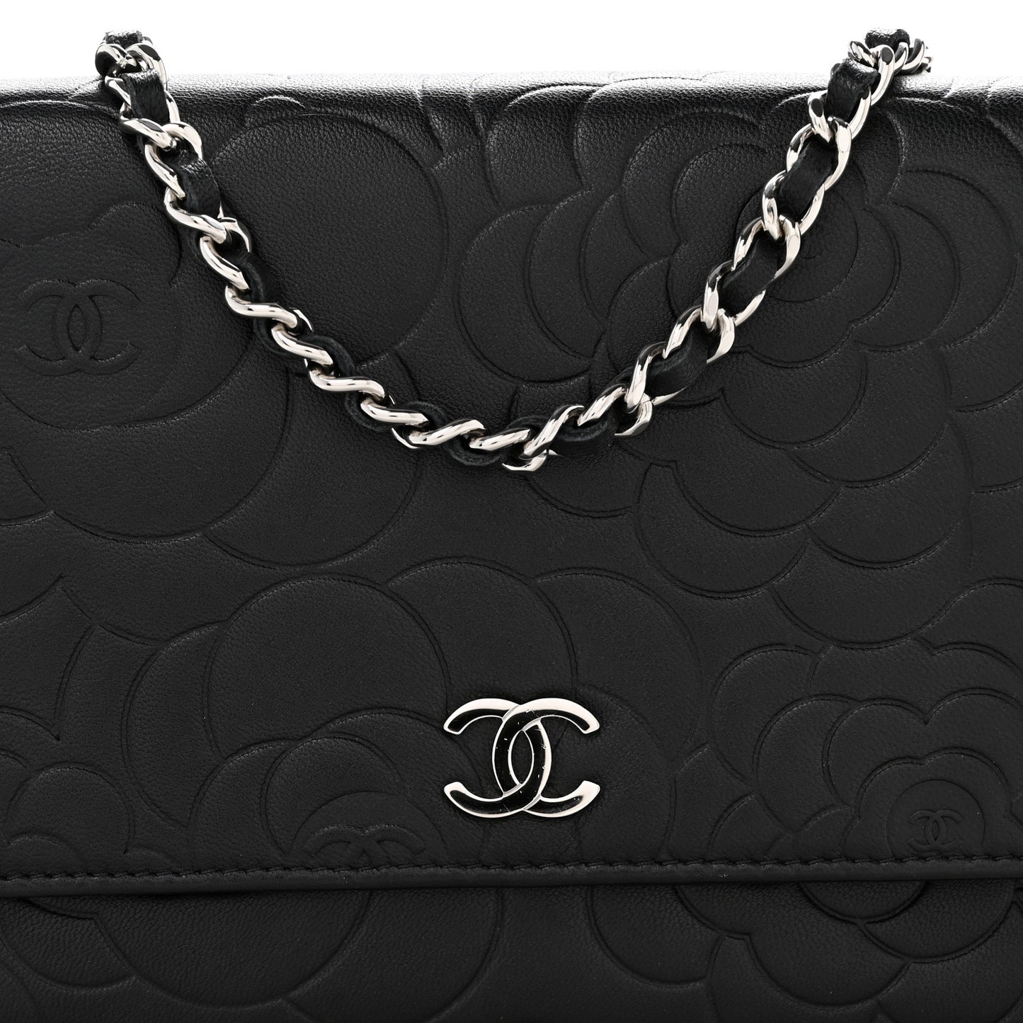 Lambskin Camellia Embossed Wallet On Chain WOC Black