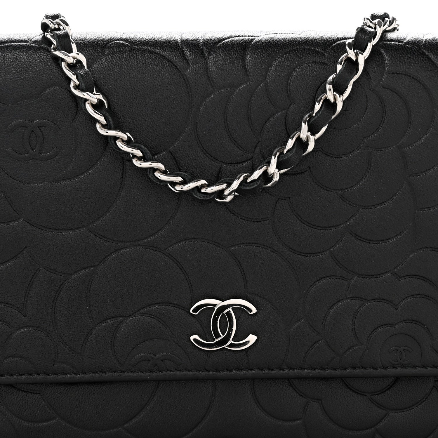 Chanel Lambskin Camellia Embossed Wallet On Chain WOC Black 13 of 15