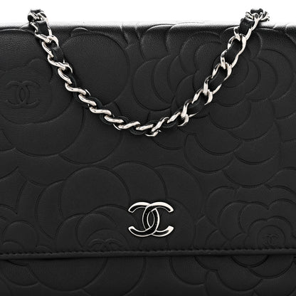 Chanel Lambskin Camellia Embossed Wallet On Chain WOC Black 13 of 15