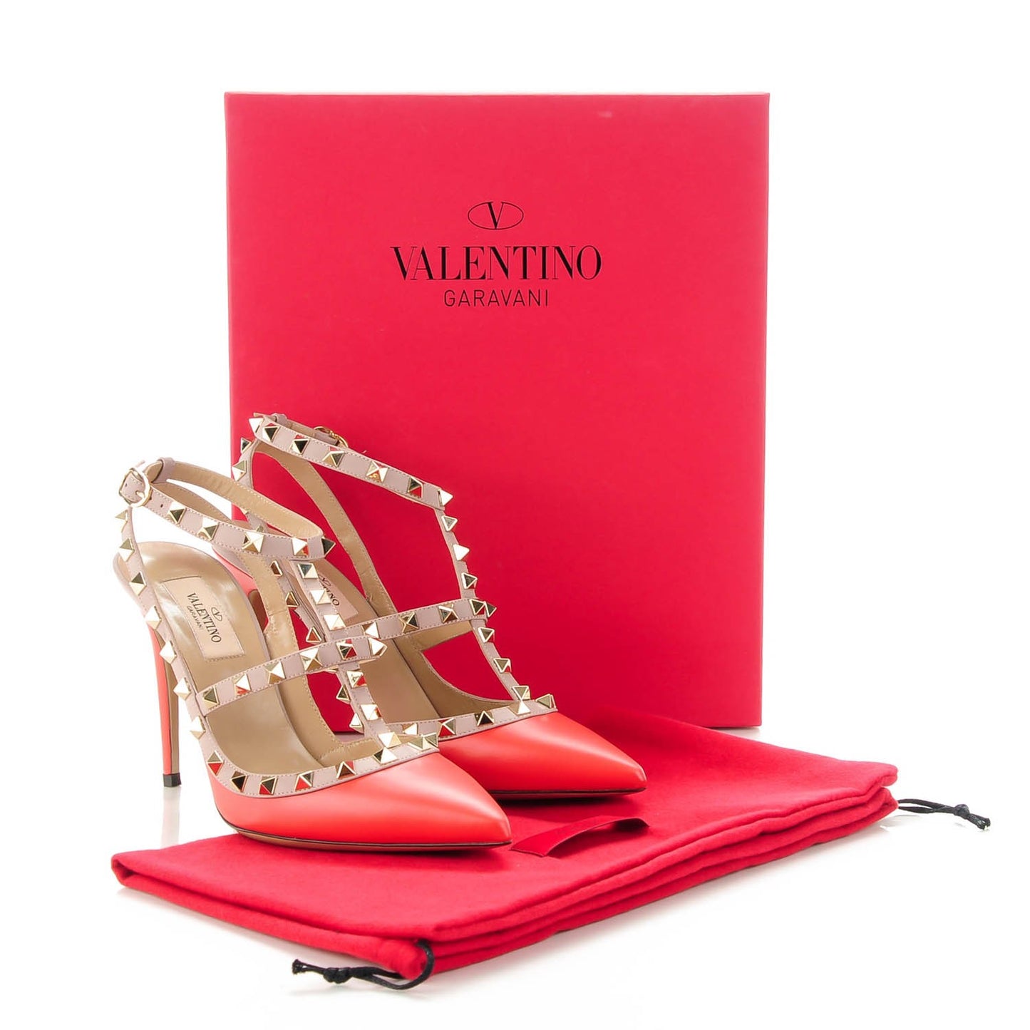 Calfskin Nappa Rockstud Ankle Strap 100mm Pumps 38.5 Deep Coral Poudre