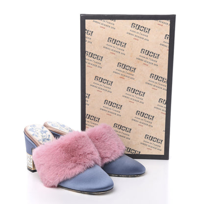 Gucci Faux Fur Silk Satin Crystal Candy Mules 37 Rosa Carta Zucchero 11 of 11