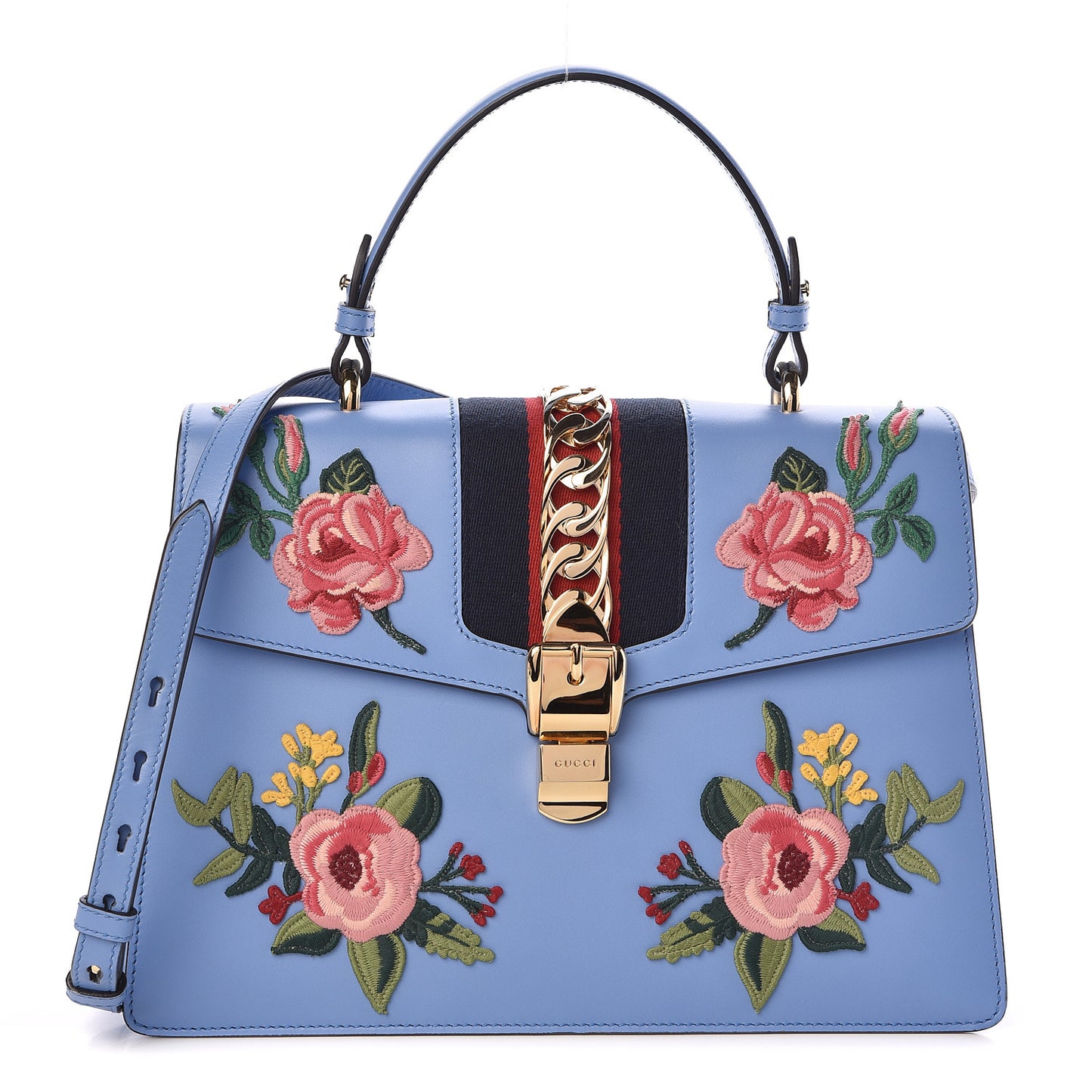 Calfskin Embroidered Medium Sylvie Top Handle Bag Clear Sky Blue