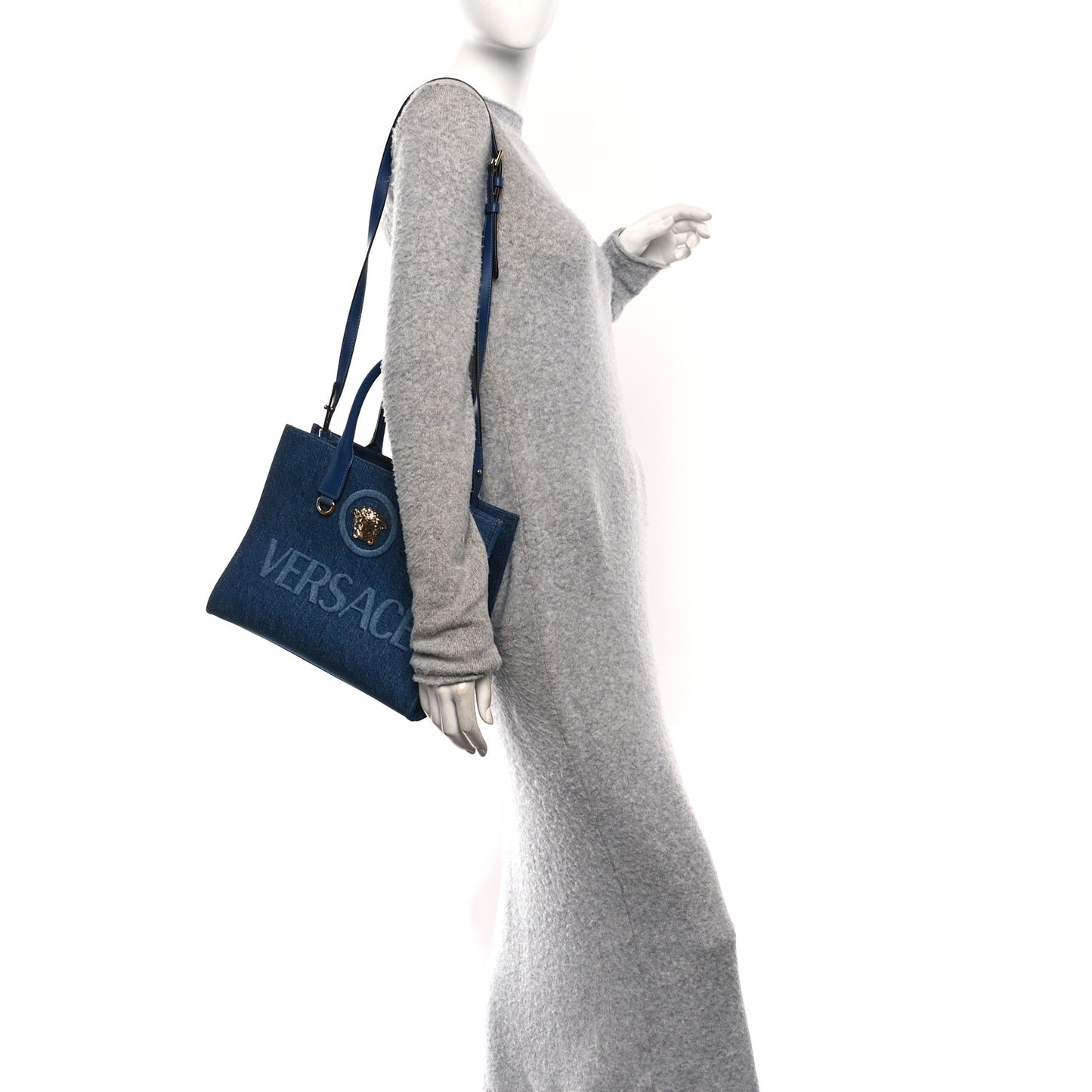 Denim Calfskin La Medusa Small Tote Bag Blue