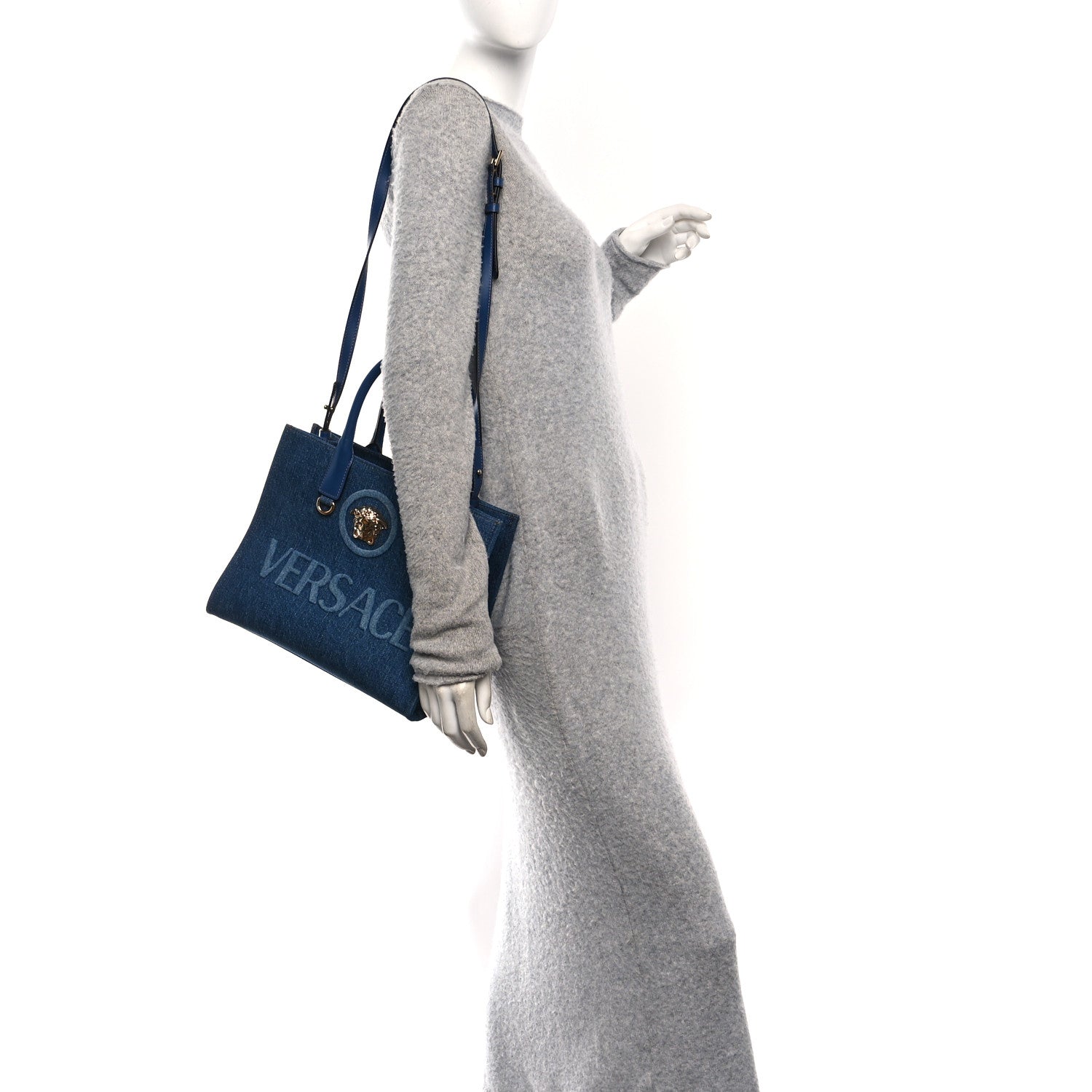Versace Denim Calfskin La Medusa Small Tote Bag Blue 2 of 9