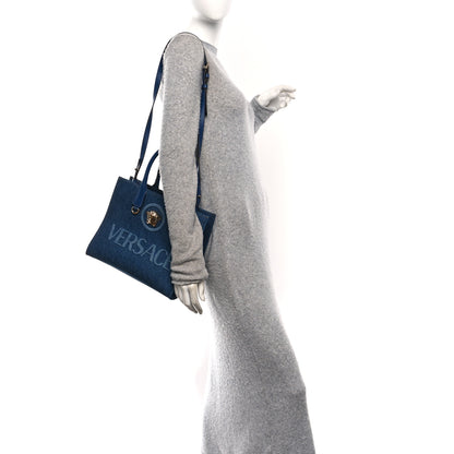 Versace Denim Calfskin La Medusa Small Tote Bag Blue 2 of 9