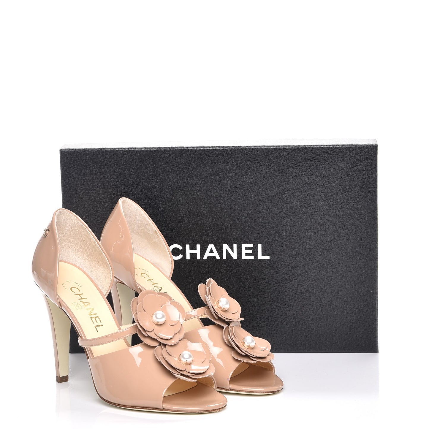Patent Calfskin Pearl Camellia Peep Toe Pumps 38 Beige