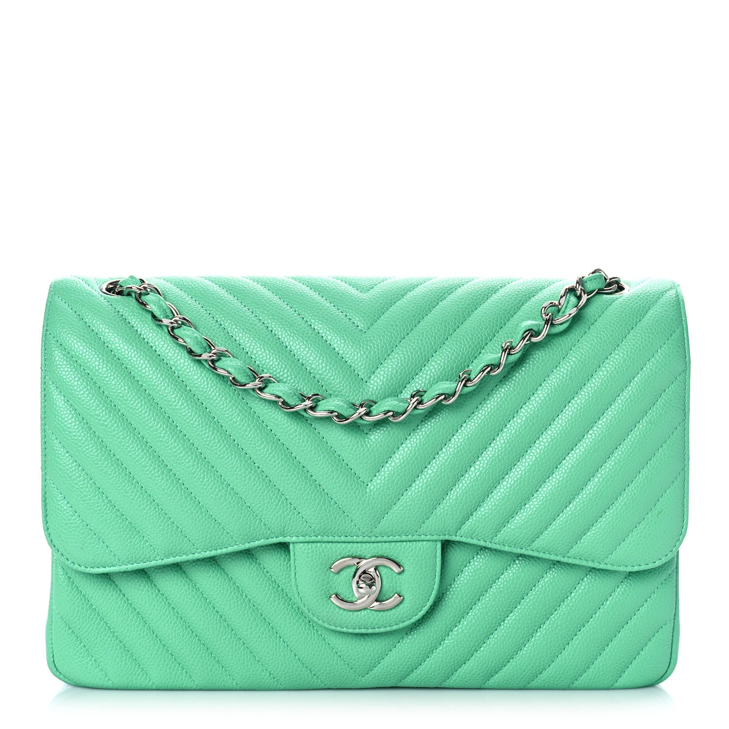 Chanel Caviar Chevron Quilted Jumbo Double Flap Green 1 of 8
