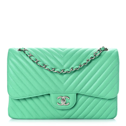 Chanel Caviar Chevron Quilted Jumbo Double Flap Green 1 of 8