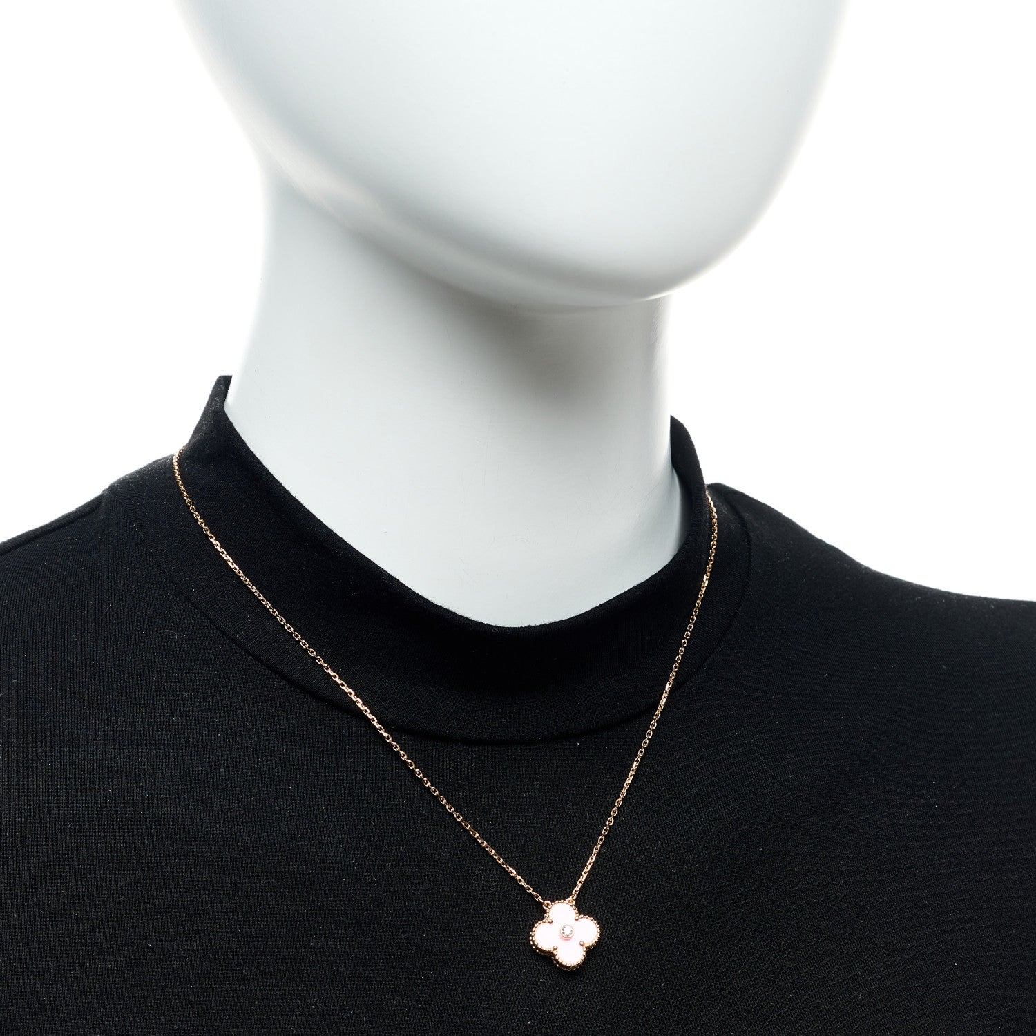 Van Cleef & Arpels 18K Rose Gold Diamond Pink Porcelain Vintage Alhambra Pendant Necklace 2 of 6