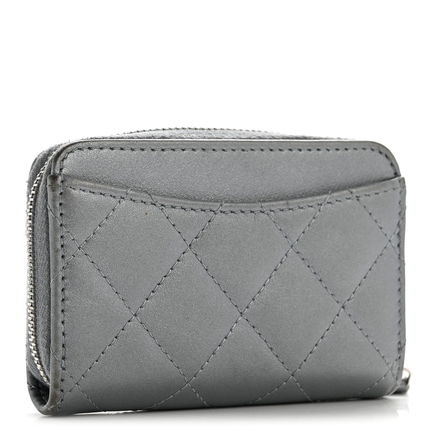 Metallic Lambskin Quilted Zip Around Coin Purse Wallet Silver