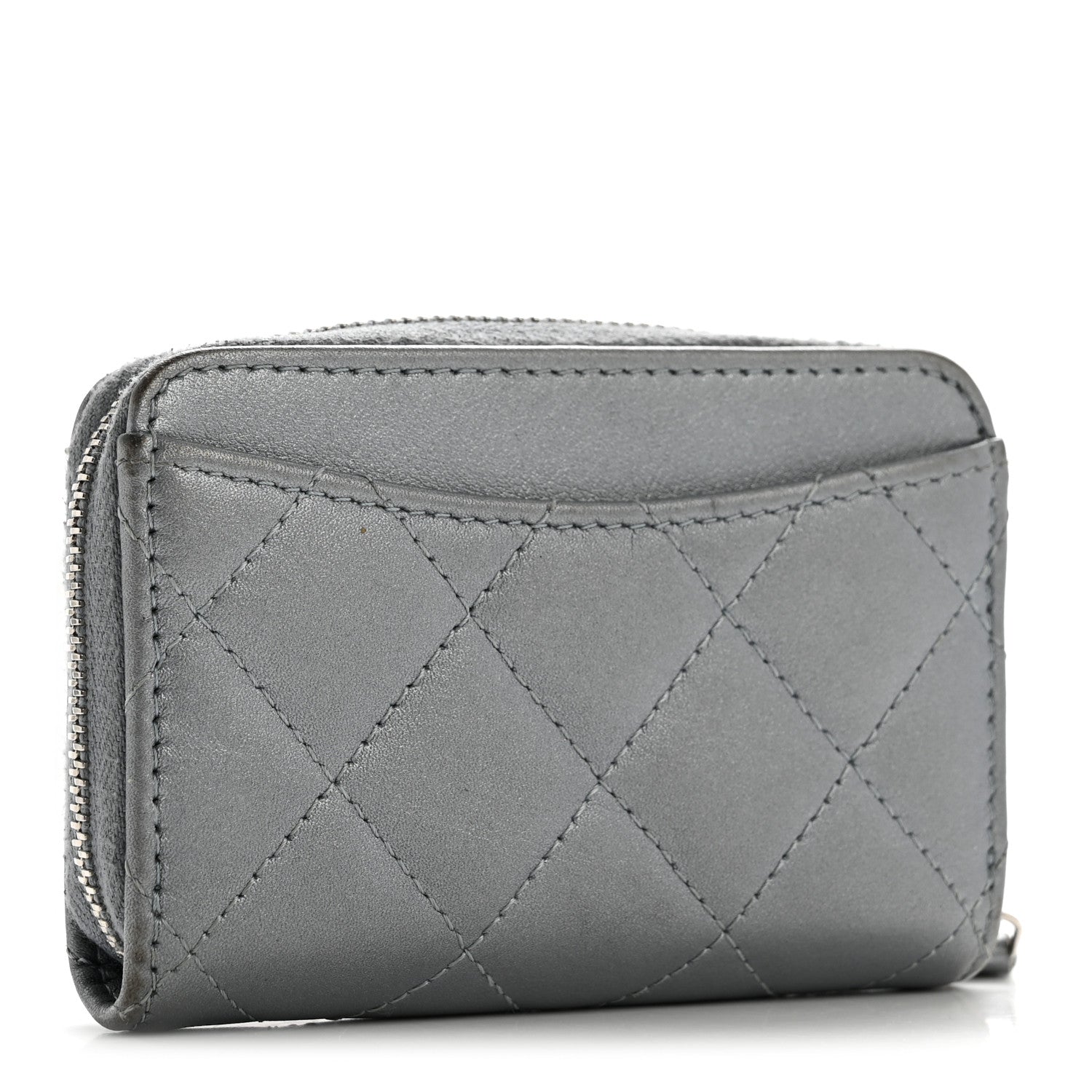 Chanel Metallic Lambskin Quilted Zip Around Coin Purse Wallet Silver 3 of 11
