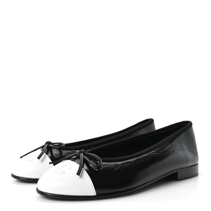 Chanel Crumpled Shiny Lambskin CC Cap Toe Ballerina Flats 37 Black White 4 of 10