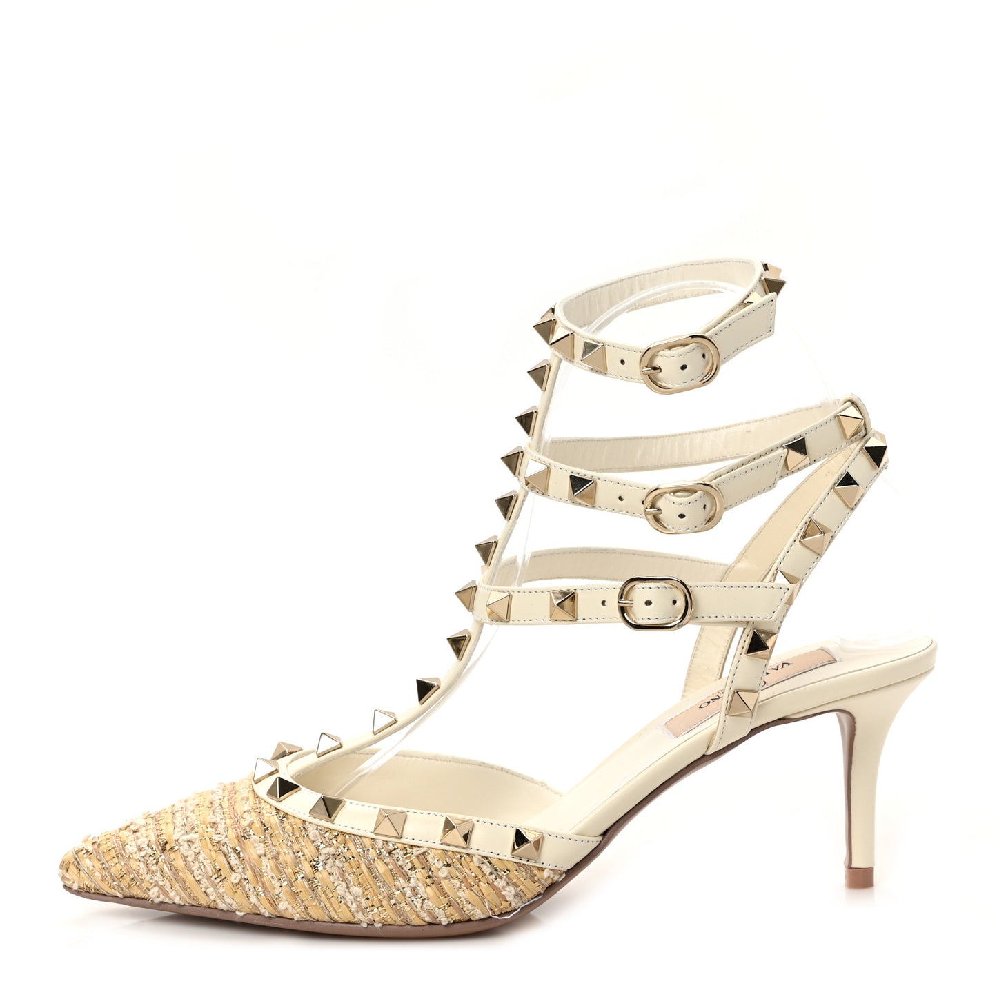 Tweed Nappa Rockstud Ankle Strap 65mm Pumps 38 Ivory Natural