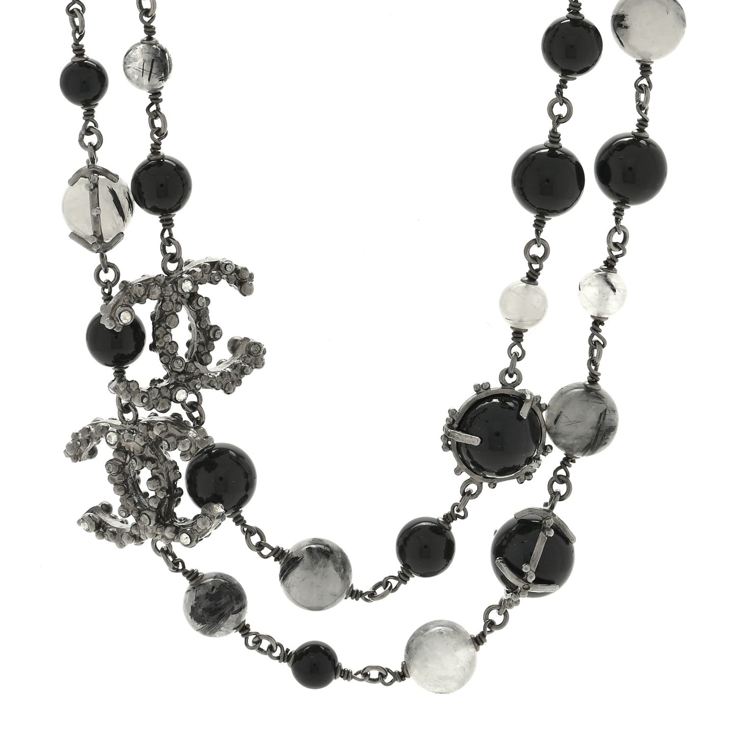 Crystal Bead CC Long Necklace Silver Black