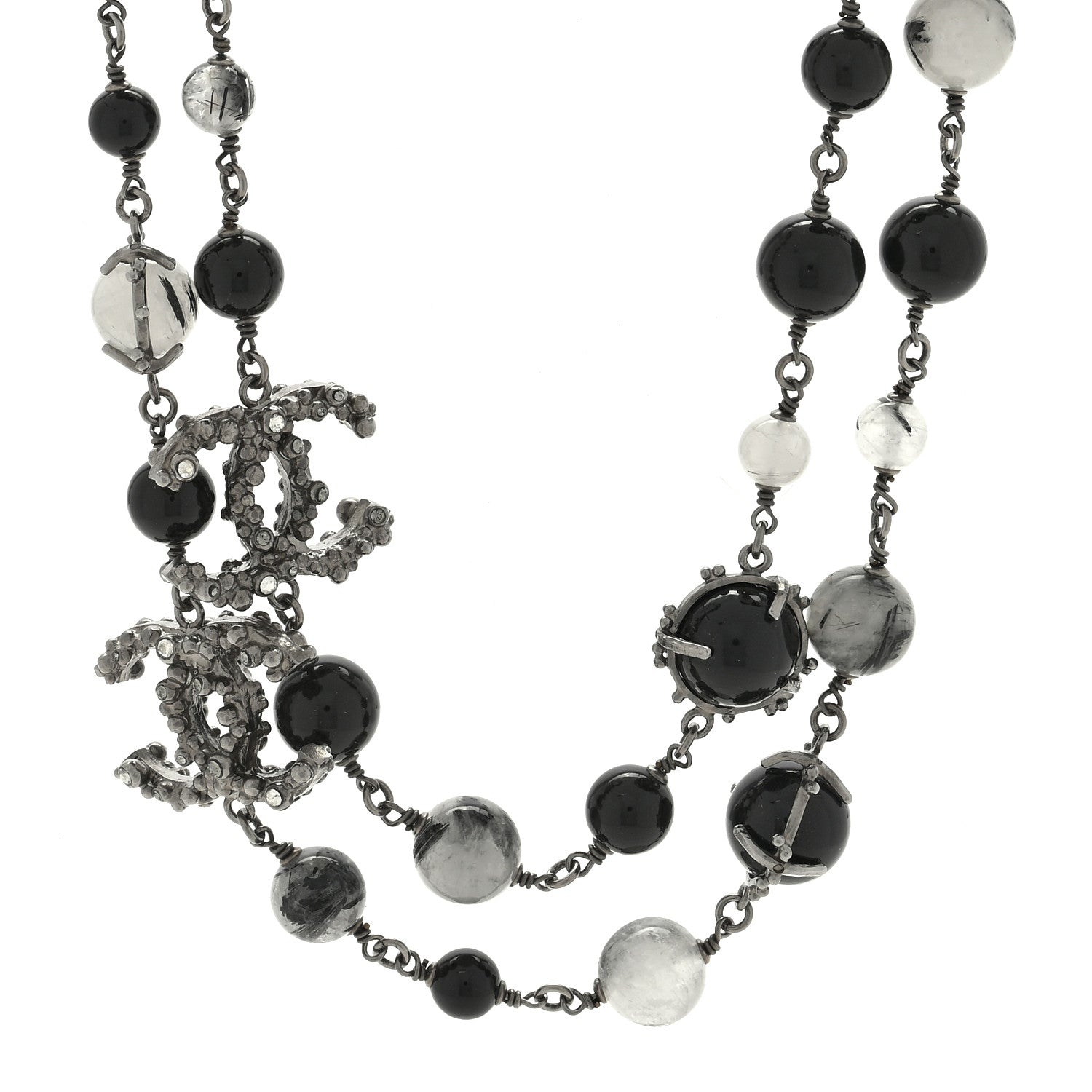 Chanel Crystal Bead CC Long Necklace Silver Black 1 of 4