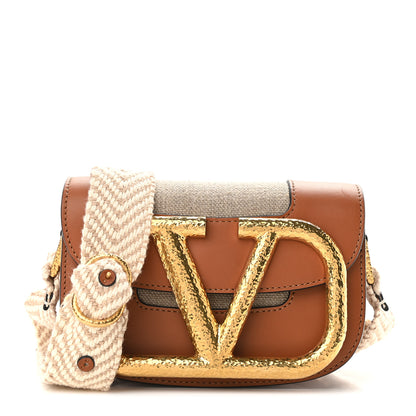Valentino Garavani Calfskin Linen Small Supervee Crossbody Bag Saddle Brown Natural 1 of 8