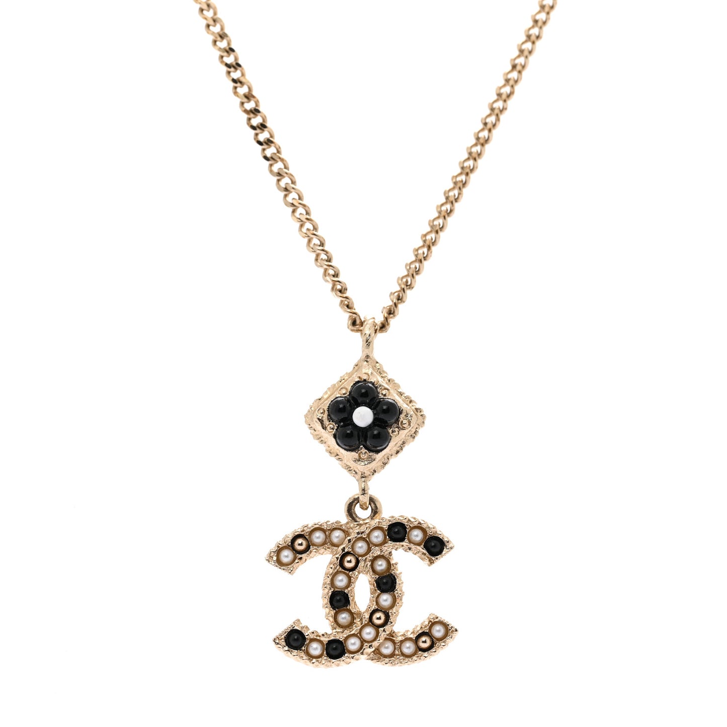 Chain CC Drop Necklace Gold Pearly White Black