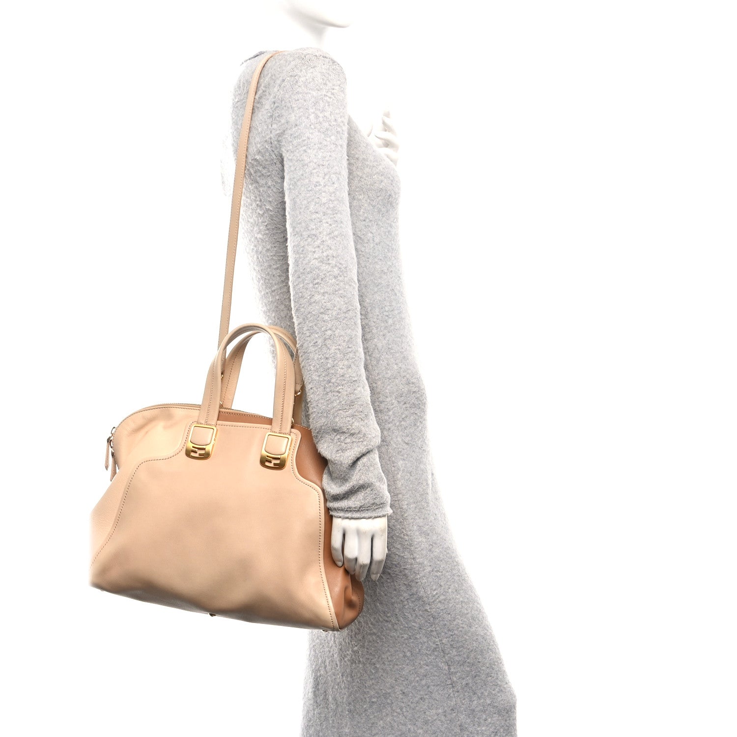 Fendi Capra Vitello Dolce Marmol Colorblock Large Chameleon Tote Cipria Makeup Camel 2 of 10