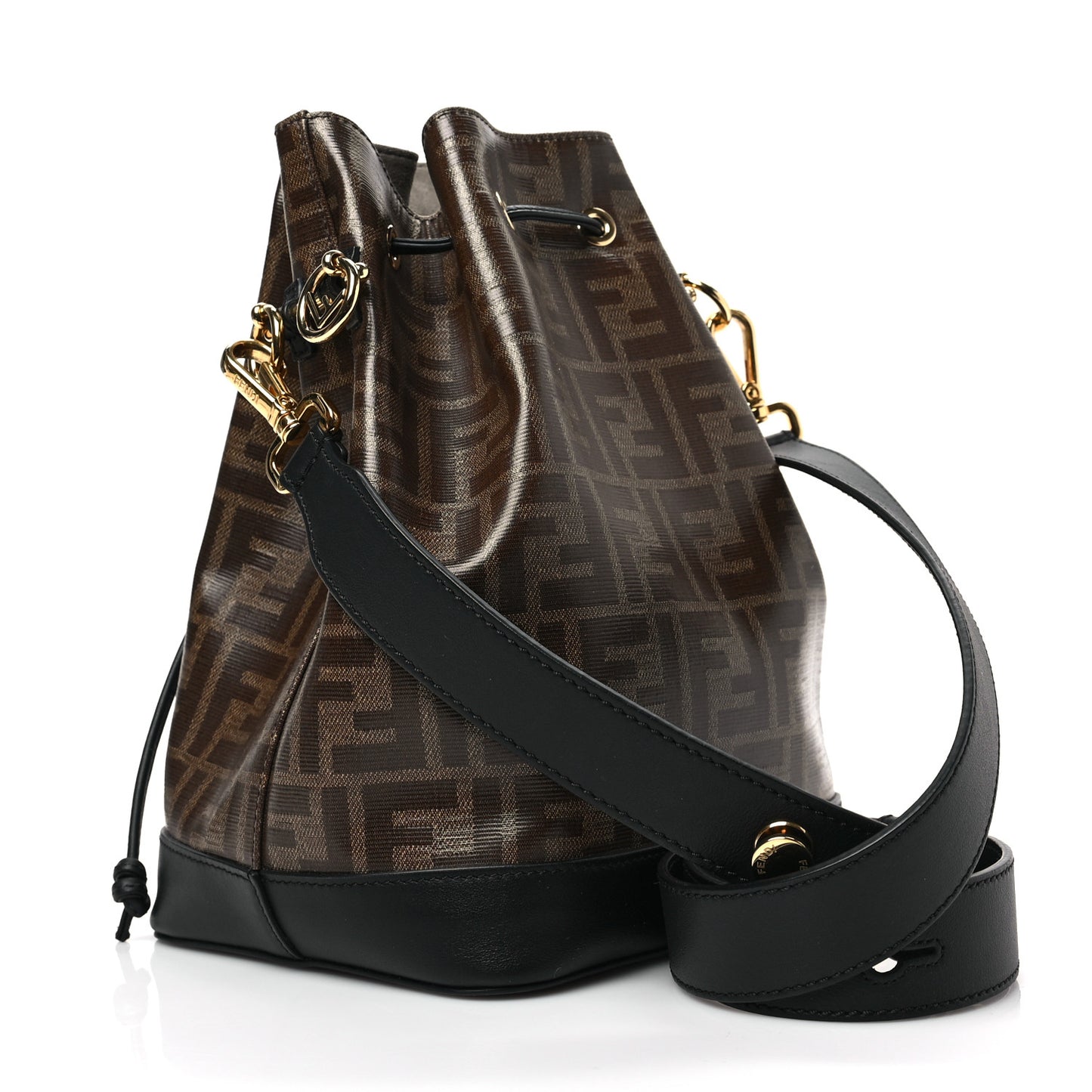 Glazed Fabric Vitello Grace F is Fendi FF 1974 Stamp Patch Grande Mon Tresor Bucket Bag Mogano Panna Black