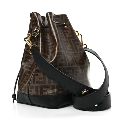 Fendi Glazed Fabric Vitello Grace F is Fendi FF 1974 Stamp Patch Grande Mon Tresor Bucket Bag Mogano Panna Black 3 of 7