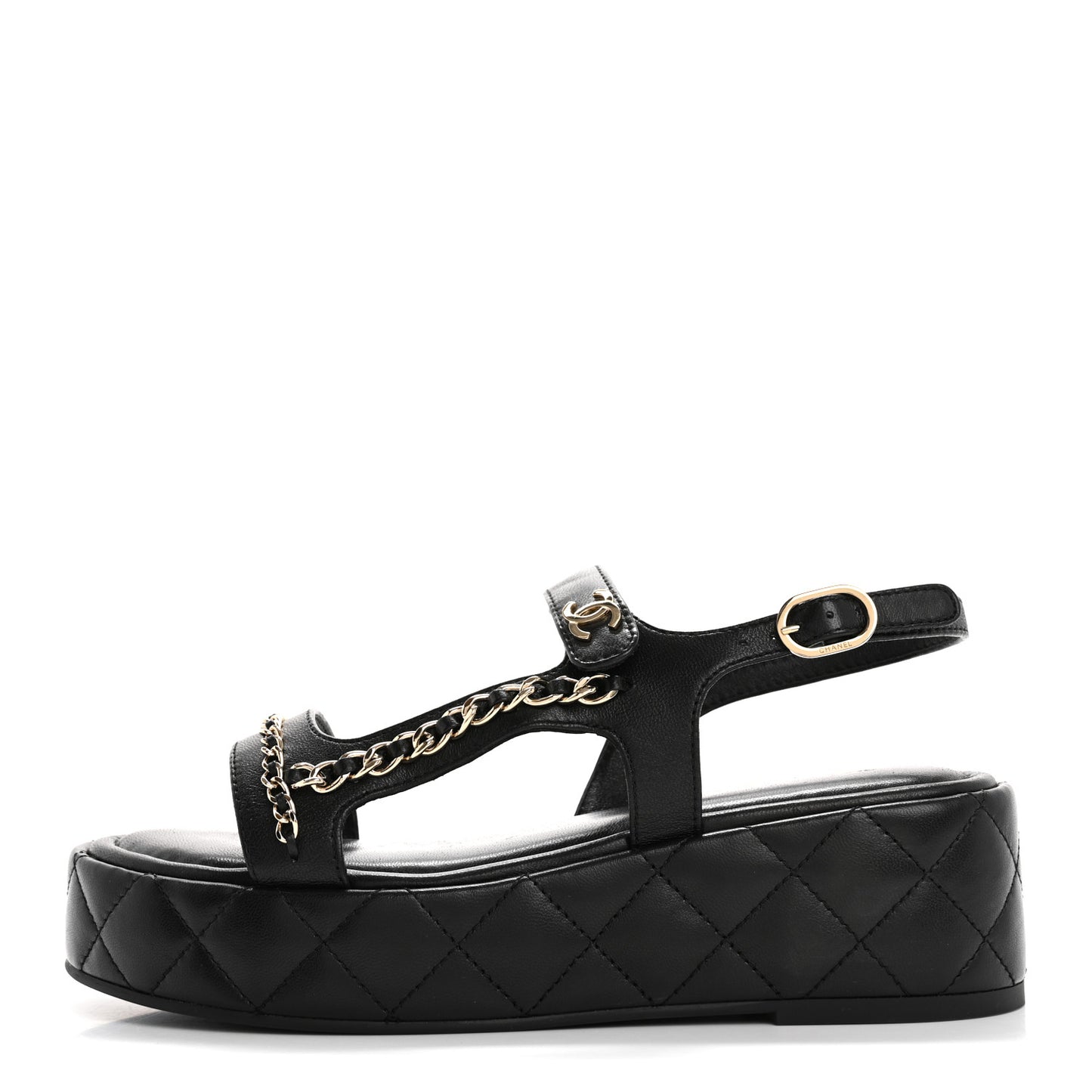 Lambskin Quilted Chain CC Platform Sandals 37.5 Black