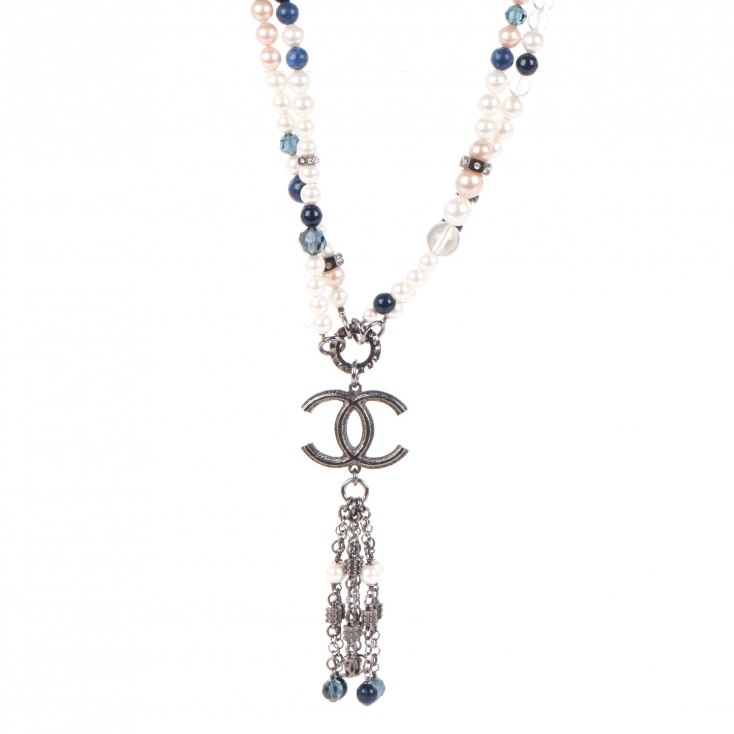 Pearl Beaded Crystal CC Long Double Strand Necklace Ivory Blue