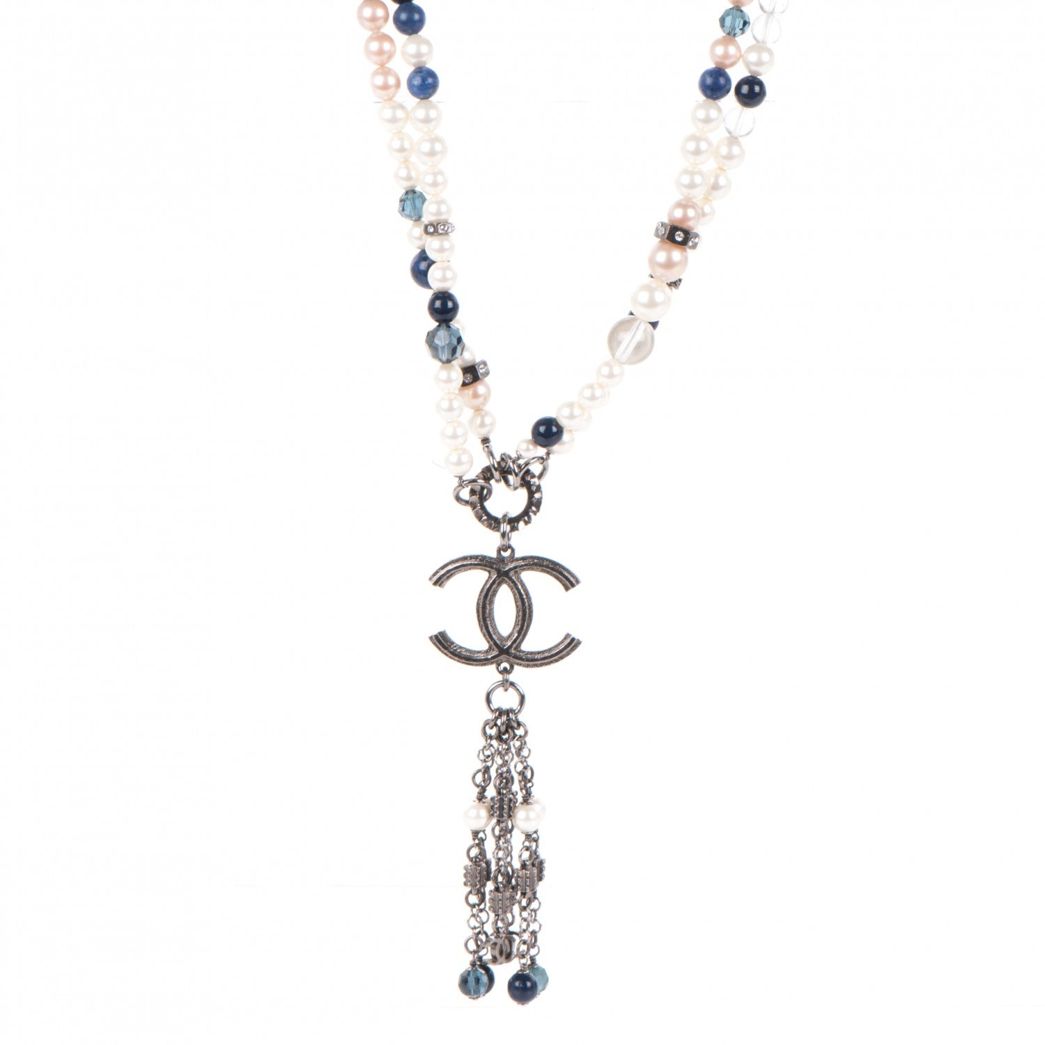 Chanel Pearl Beaded Crystal CC Long Double Strand Necklace Ivory Blue 1 of 5
