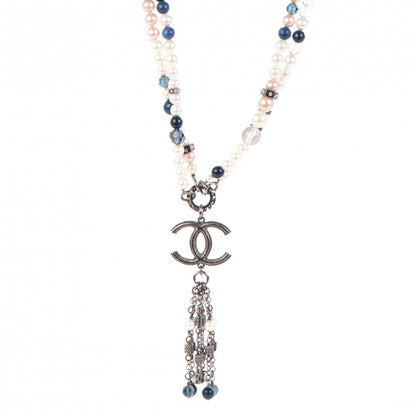 Chanel Pearl Beaded Crystal CC Long Double Strand Necklace Ivory Blue 1 of 5