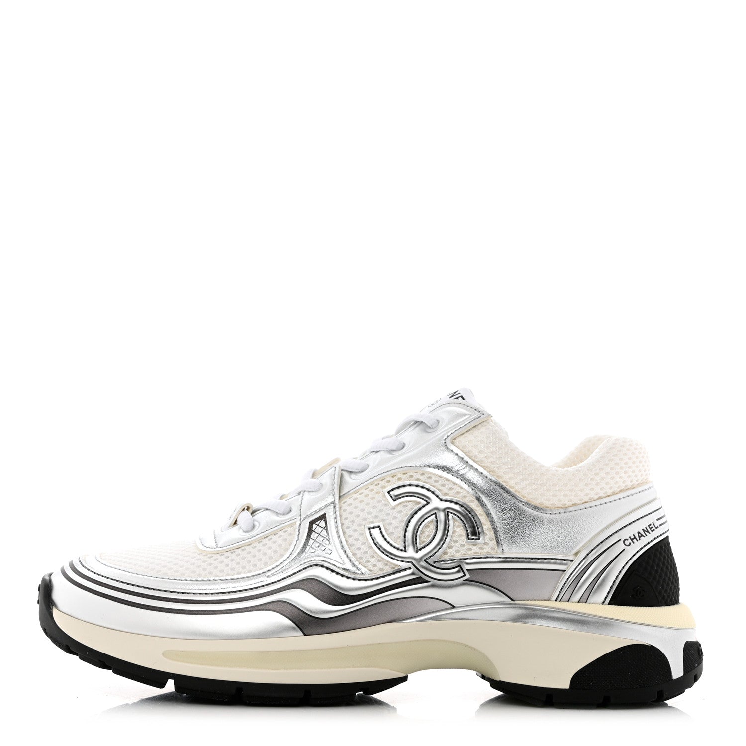 Chanel Fabric Laminated Calfskin Stretch CC Sneakers 38.5 White Silver 1 of 9