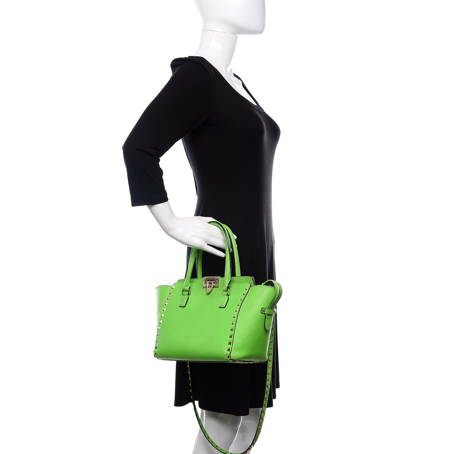 Vitello Small Rockstud Double Handle Tote Green Fluo
