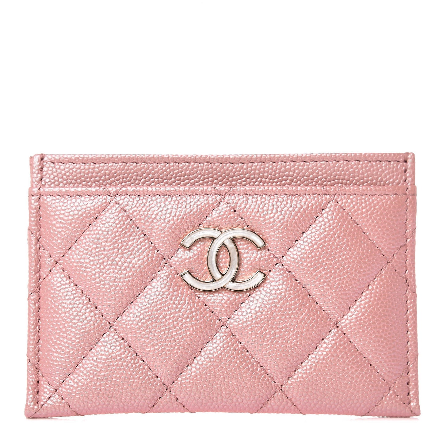 Iridescent Caviar Quilted Card Holder Pink