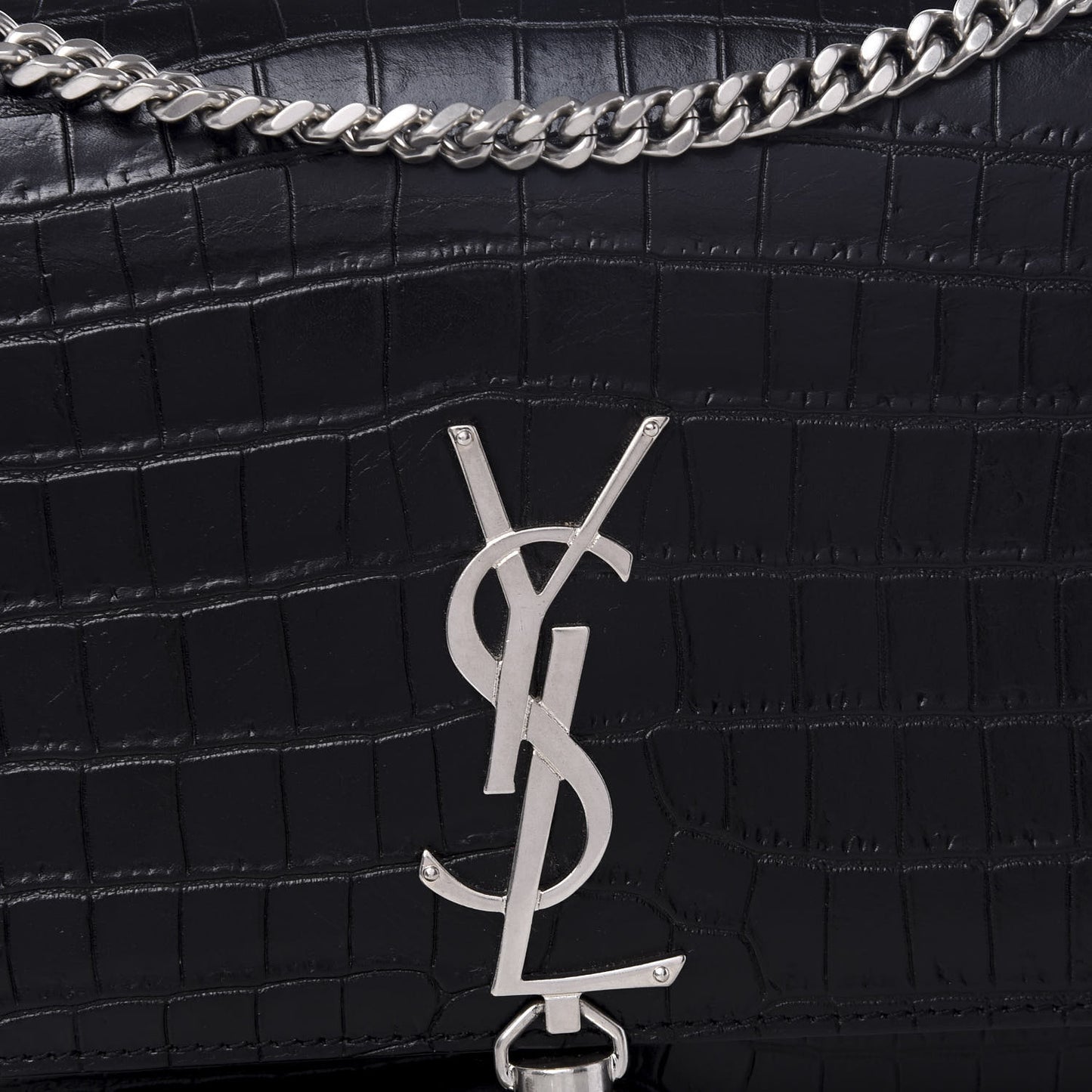 Calfskin Crocodile Embossed Medium Classic Monogram Kate Tassel Satchel Black