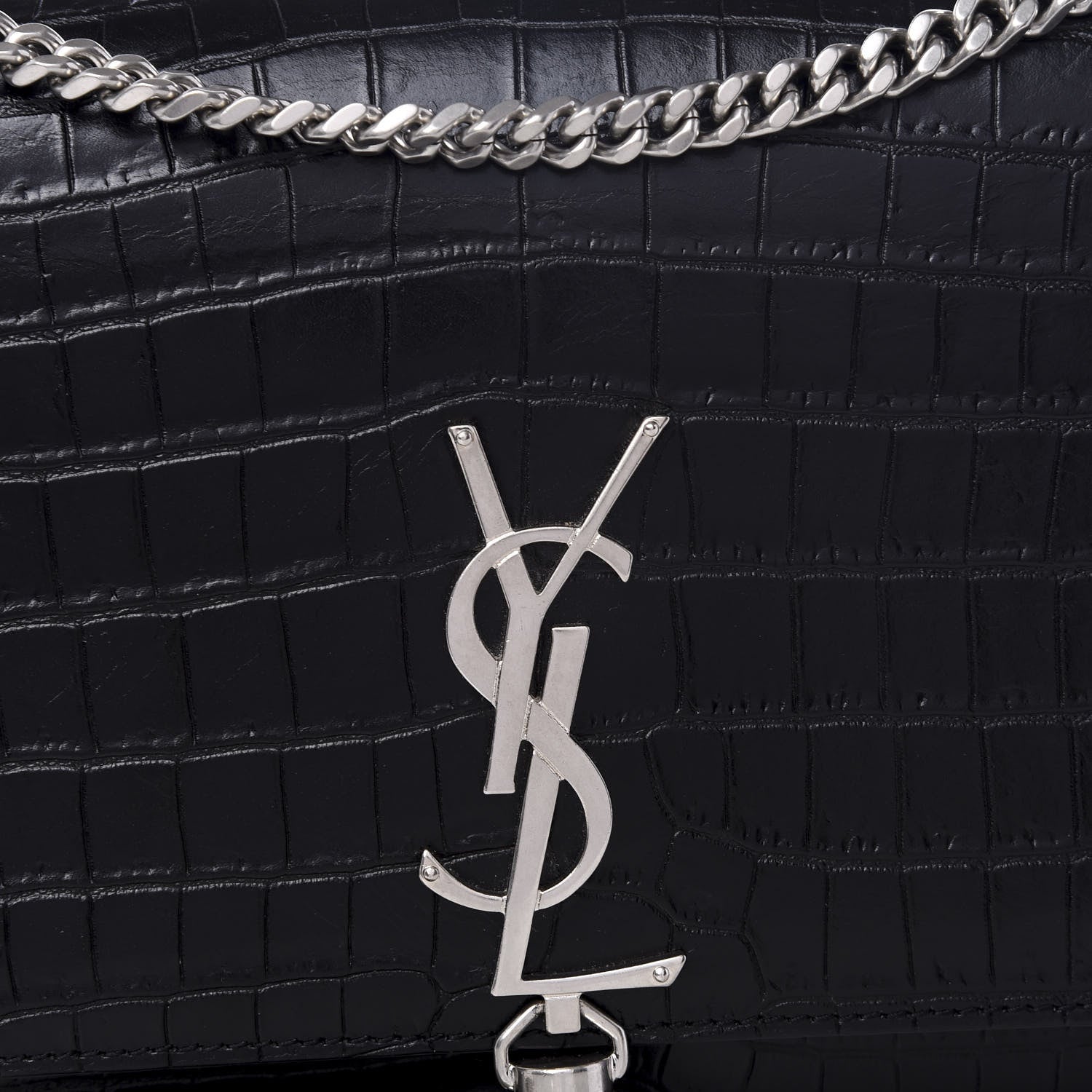 Saint Laurent Calfskin Crocodile Embossed Medium Classic Monogram Kate Tassel Satchel Black 8 of 8