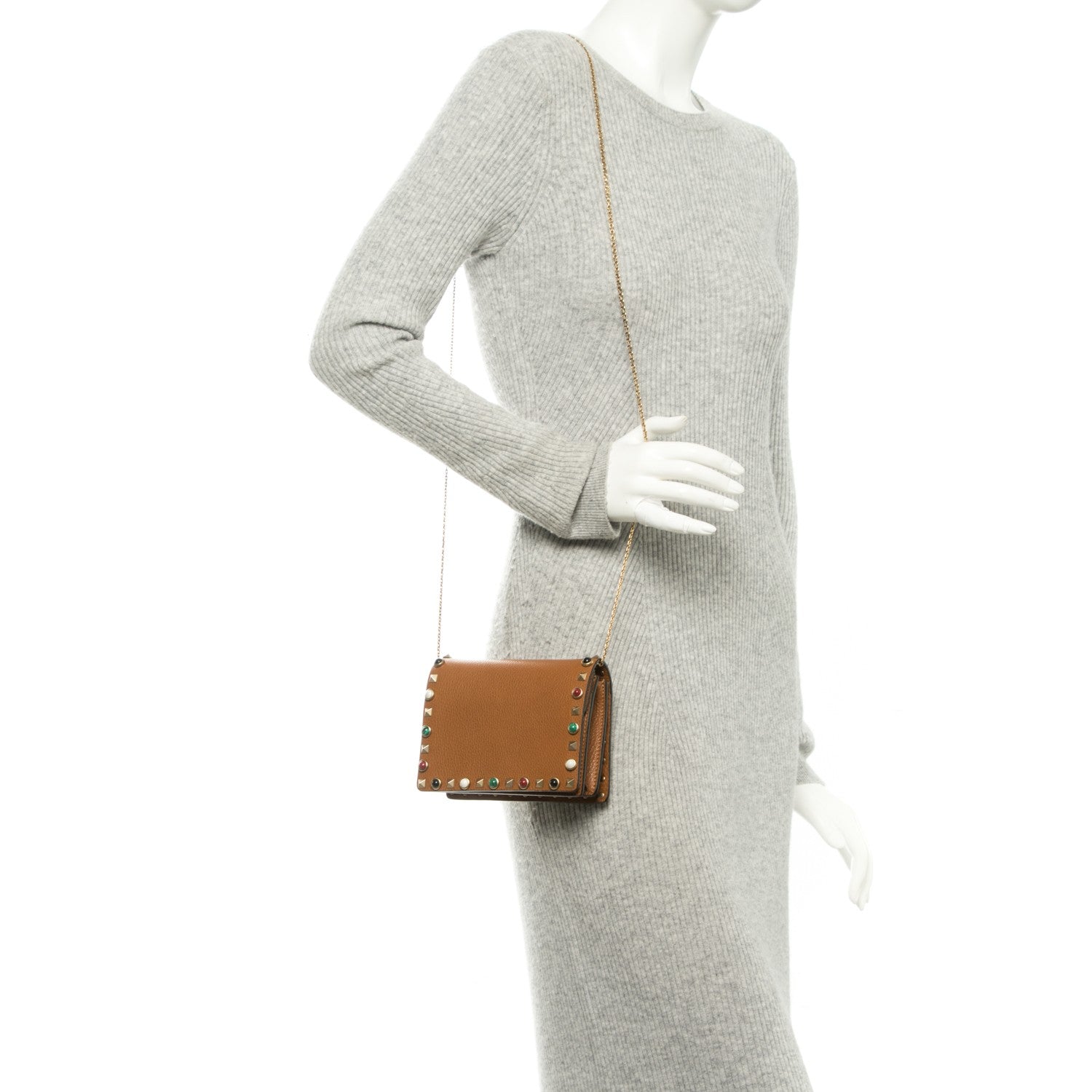 Valentino Garavani Grained Calfskin Rockstud Rolling Wallet on Chain Light Cuir 2 of 7