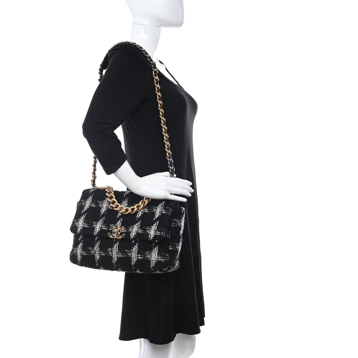 Chanel Tweed Quilted Large Chanel 19 Flap Black White 2 of 12