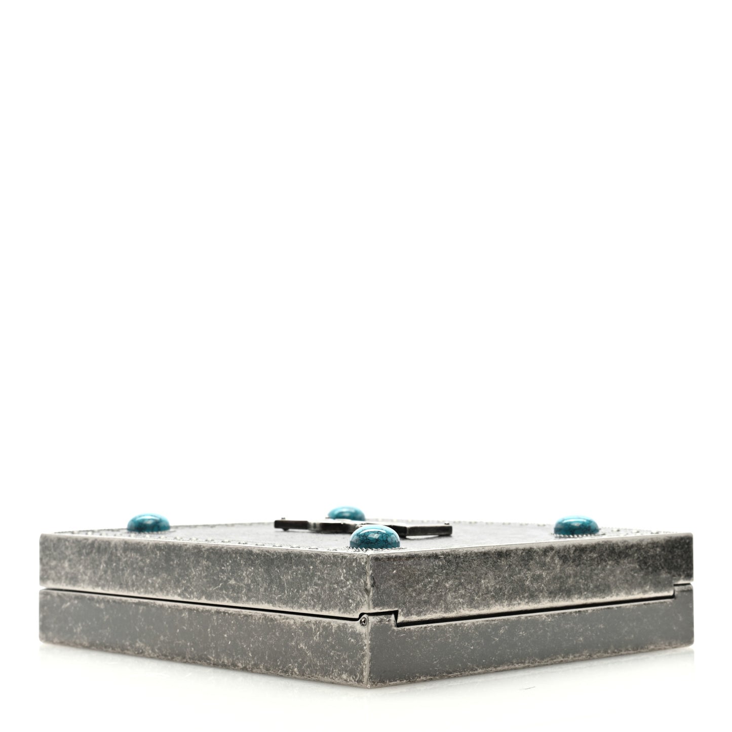 Metal Turquoise Studded Minaudiere Tuxedo Box Clutch Silver