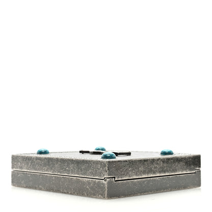 Saint Laurent Metal Turquoise Studded Minaudiere Tuxedo Box Clutch Silver 4 of 8